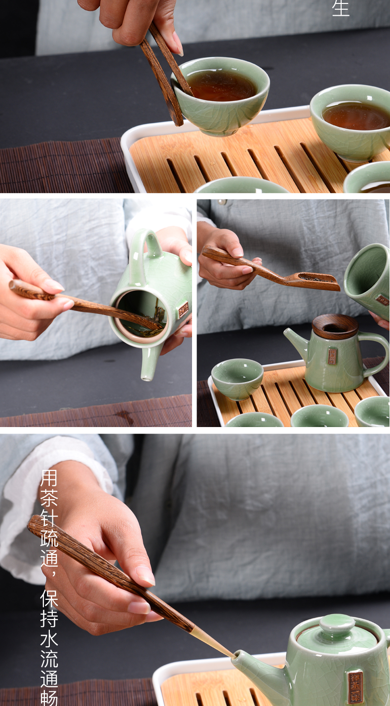 Elder brother up with tea six gentleman tea purple ceramic kung fu tea sets accessories celadon ChaGa wood, bamboo clip to tea