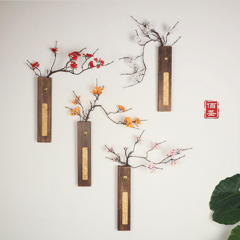 Solid wood vase simulation fake flower wall bedroom background porch wall pendant decoration dining room Chinese style