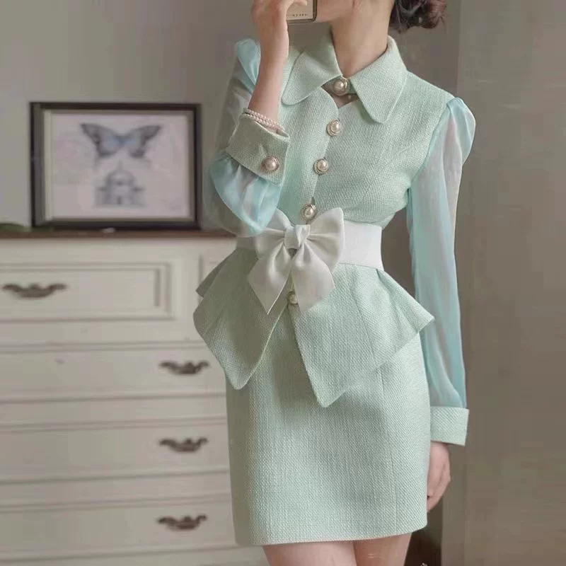 Зелёный комплект, юбка, стиль Chanel, французский стиль