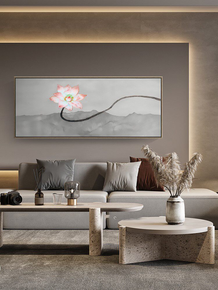 New Chinese Hand-painted Lotus Oil Painting Modern Simple Living Room Sofa Hanging Painting Horizontal Background Mural Large Size Customization