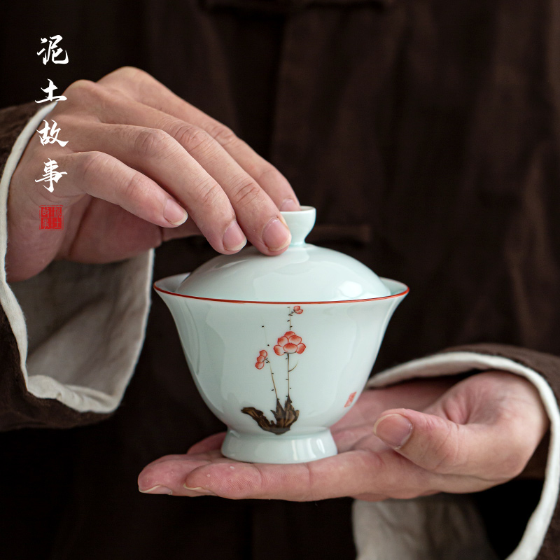 Soil hand - made name plum blossom put tureen jingdezhen three story manual under glaze color porcelain large - sized kung fu tea bowl