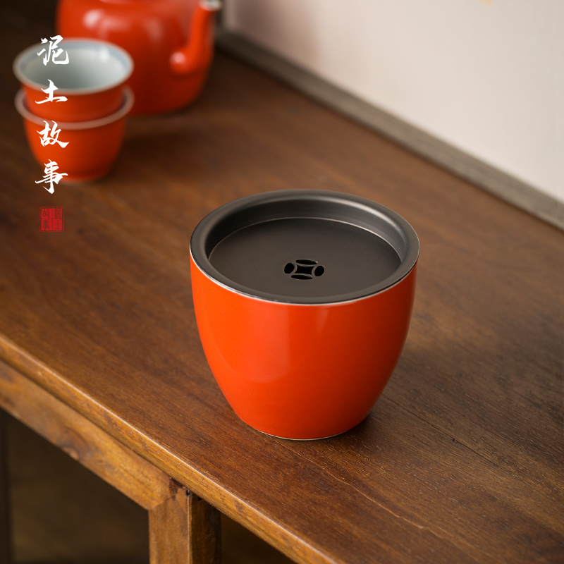 Jingdezhen coral red tea tin on water wash water jar tea wash to small ceramic household Japanese cup hot wash barrels