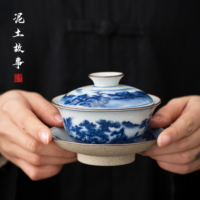 Hand tureen jingdezhen ceramic cups only three bowls of kung fu tea tureen of blue and white porcelain three cups of tea tureen