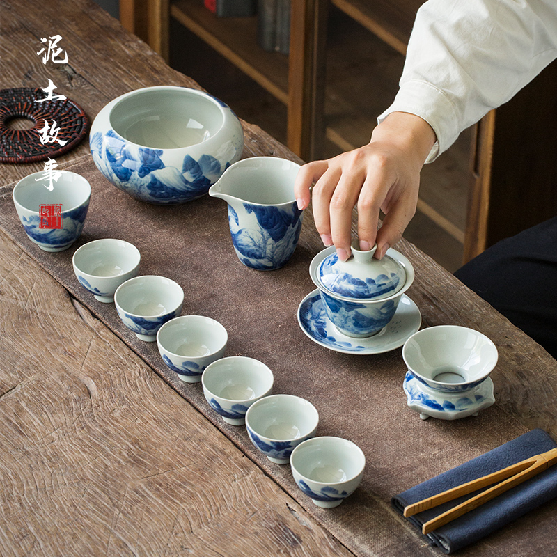 Jingdezhen hand - made porcelain kangxi landscape tureen tea set suits for Chinese zen household kung fu tea set gift boxes
