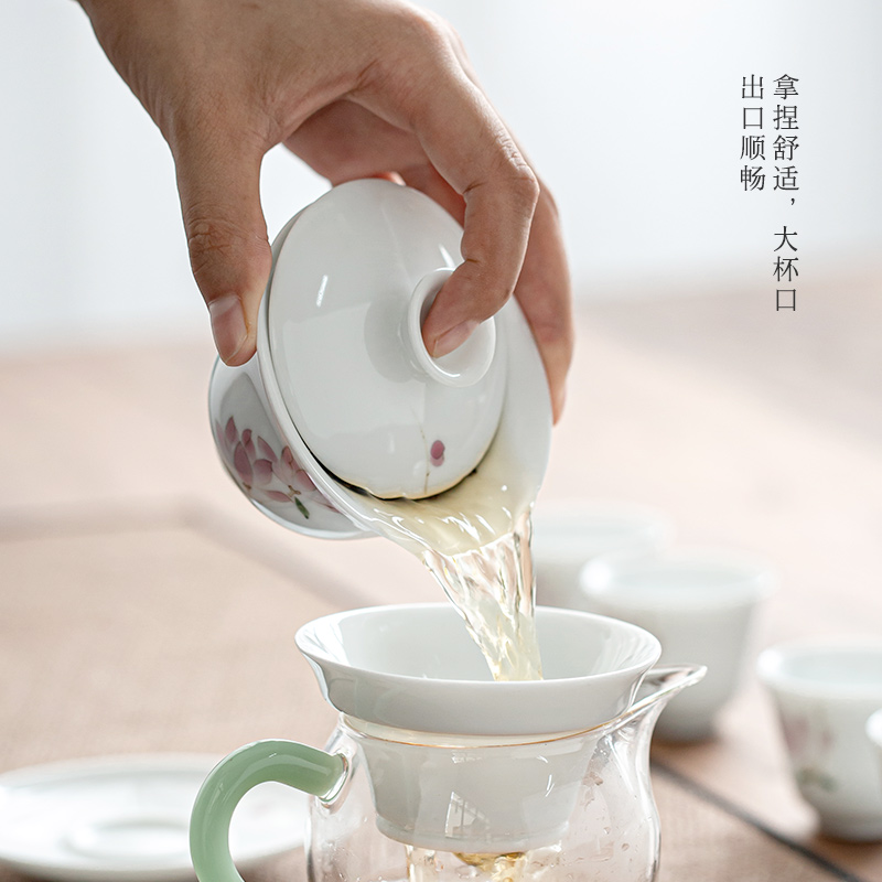 Jingdezhen hand - made violet tureen suit white porcelain teacup set three bowl of kung fu tea service item of household gift box