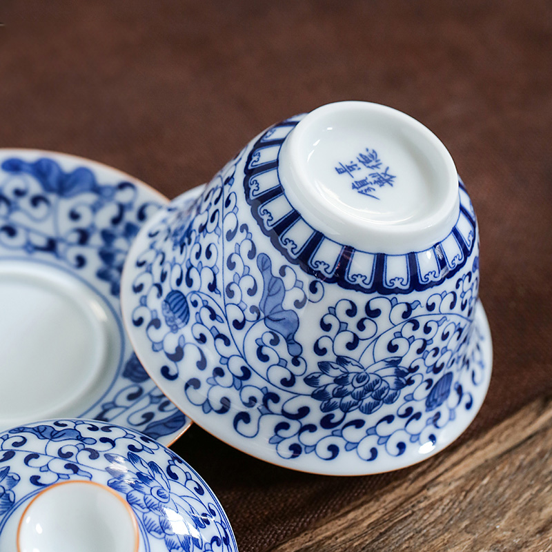 Earth story jingdezhen blue and white only three tureen hand - made ceramic cups all hand kung fu tea tea bowl