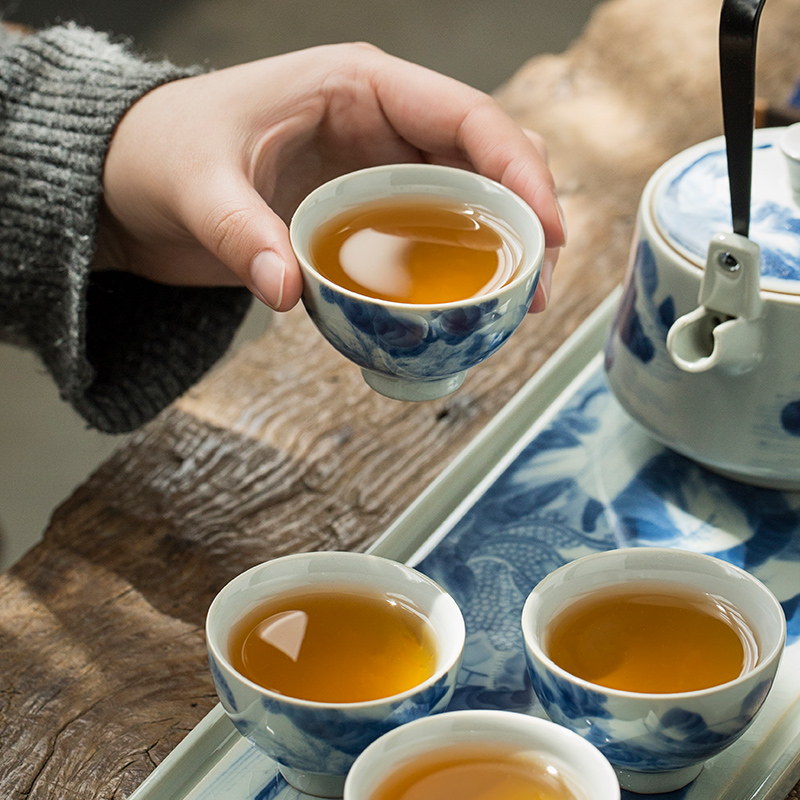 Jingdezhen blue and white landscape hand - made porcelain kung fu tea set small suit Chinese style household girder pot lid bowl