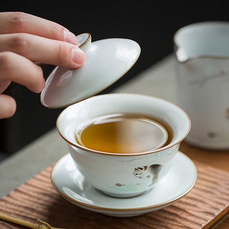 Your up cat tureen didn 't make household porcelain porcelain bowl office open three kung fu tea tea bowl finger bowl
