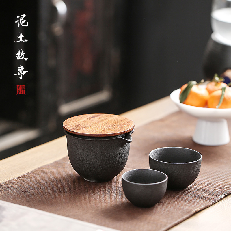 Earth story travel tea set suit portable bag type crack cup a pot of two cups of black pottery travel home teapot