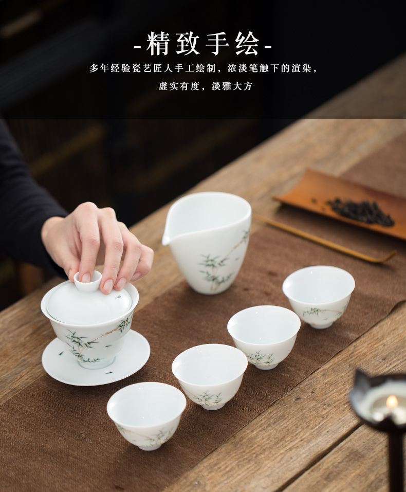 Earth story jingdezhen bamboo kung fu tea set suits for under the pure hand - made glaze color ceramic tureen of a complete set of tea cups