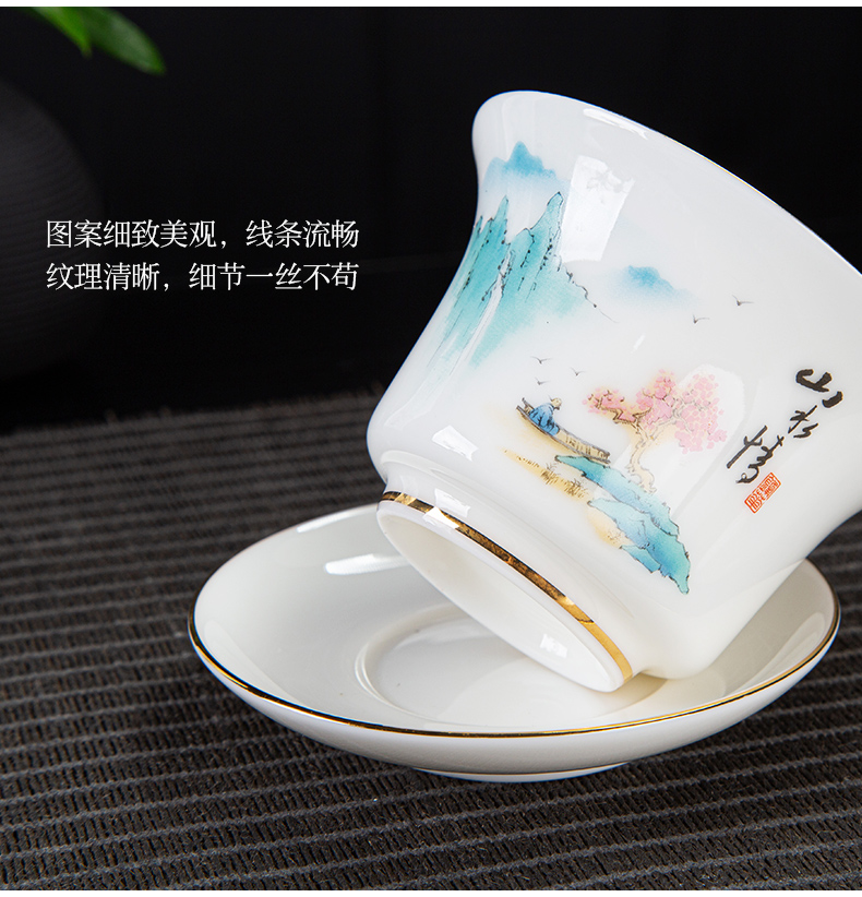 Dehua white porcelain tureen individual household thin foetus three cups with cover only ceramic tea bowl suet jade suit