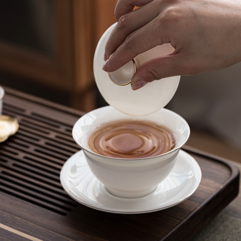 Suet jade tureen tea cups dehua white porcelain bowl with cover three only a single large kung fu tea set