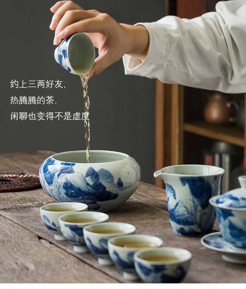 Jingdezhen hand - made porcelain kangxi landscape tureen tea set suits for Chinese zen household kung fu tea set gift boxes