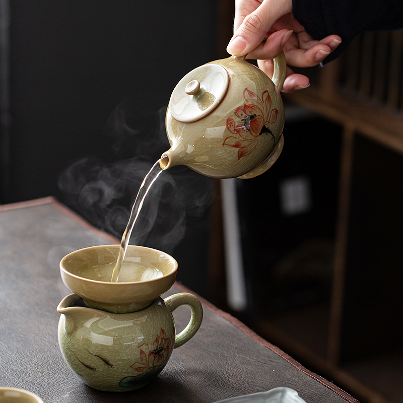 Jingdezhen hand - made ice to crack the up lotus teapot ceramic teapot teacup of a complete set of kung fu tea set office