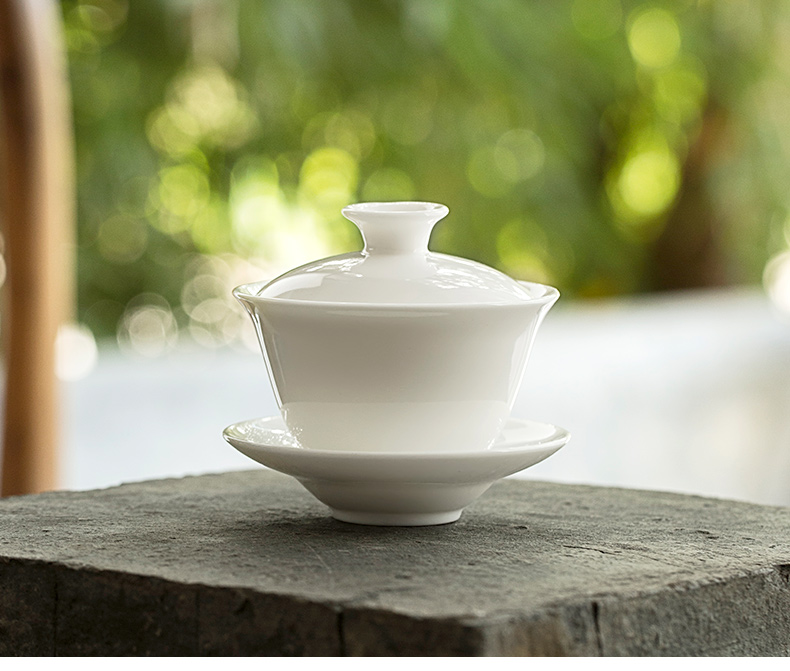 Dehua white porcelain craft ceramic tureen large tea cups three bowl bowl of kung fu suit household only tea