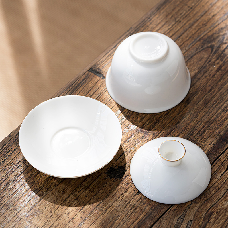 Earth story suet jade white porcelain tureen large kung fu three cups to make tea bowl of individual household ceramic tea set
