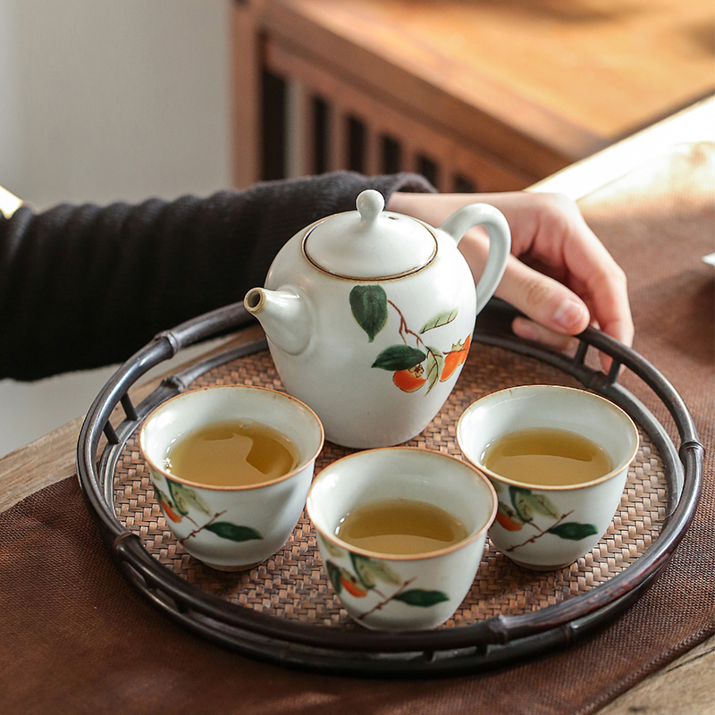 Jingdezhen kung fu tea set a complete set of persimmon persimmon ruyi ceramic household tureen checking porcelain teacup tea set