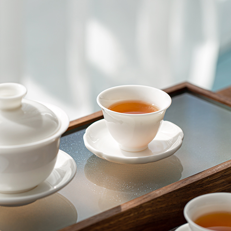 Dehua suet white jade small ceramic cup mat creative saucer insulation cup household kung fu tea tea accessories