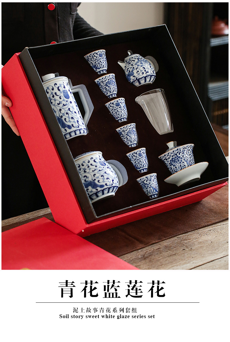 Hand - sketching jingdezhen blue and white porcelain tea set manual ceramic kung fu tea taking of a complete set of household teapot teacup
