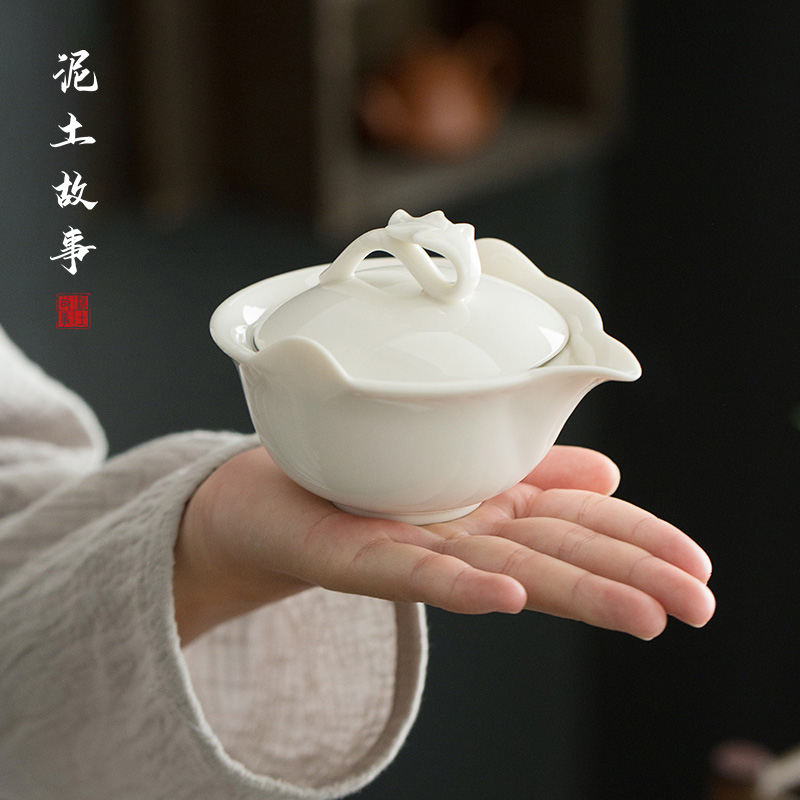 Dehua lard white porcelain hand grasp pot of ceramic kung fu tea tureen filter to use cups with three bowls of household