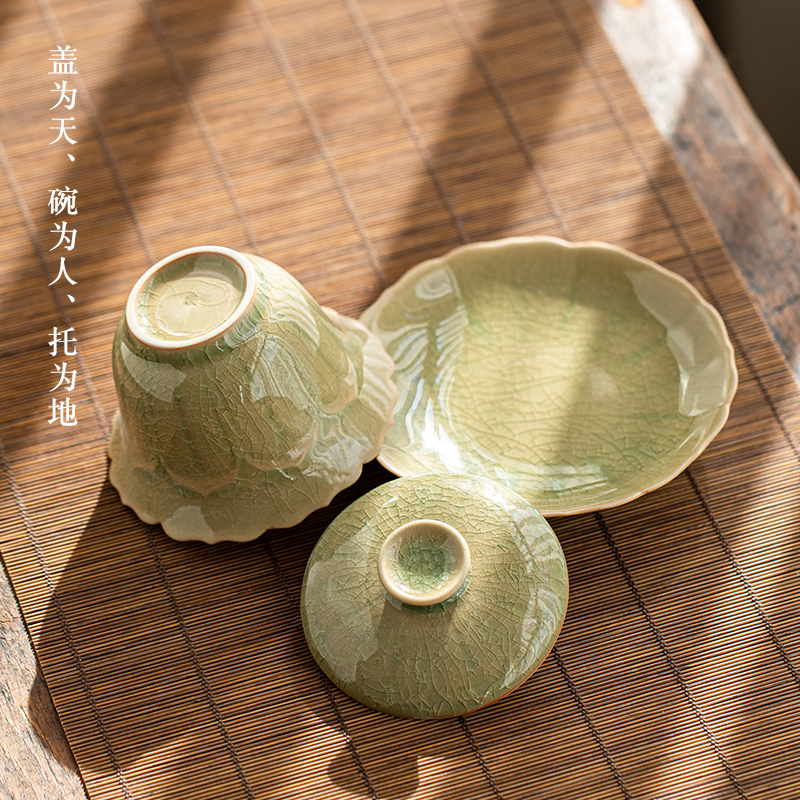 Jingdezhen, the up of ice to crack the manual only three tureen CPU use ceramic tea bowl set tea service