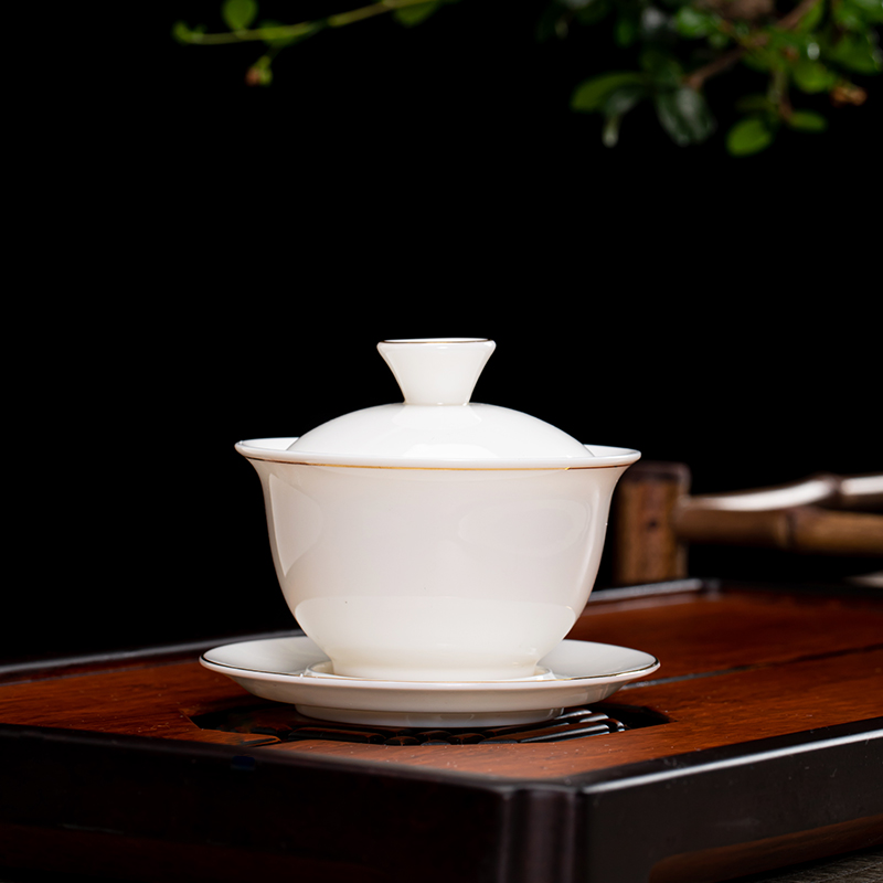 Dehua white porcelain craft ceramic tureen large tea cups three bowl bowl of kung fu suit household individual