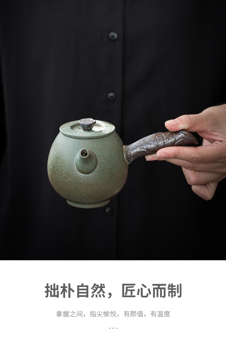 Hand made lateral coarse pottery teapot Japanese green glaze teapot household retro zen large - sized ceramic single pot of tea