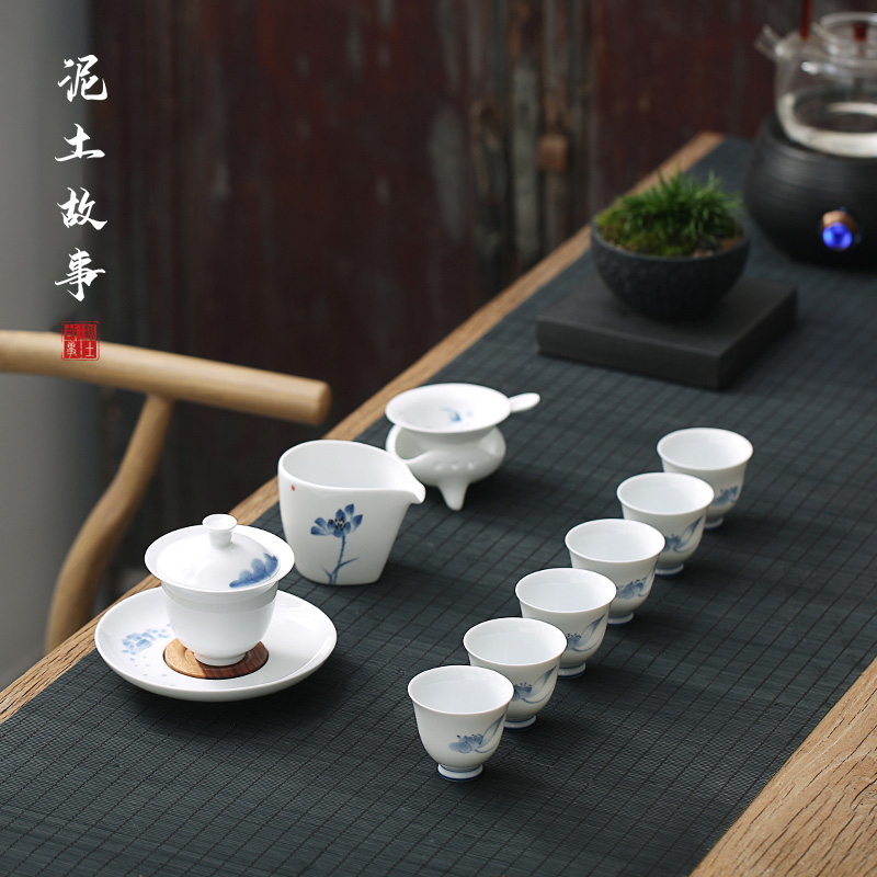 Earth story jingdezhen lotus kung fu tea set suit pure hand - made under glaze color porcelain tureen tea cup series