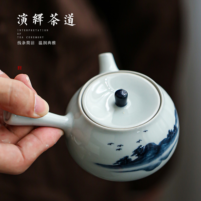 Earth story side put pot of kung fu tea tea contracted household modern Japanese ceramics jingdezhen blue and white porcelain