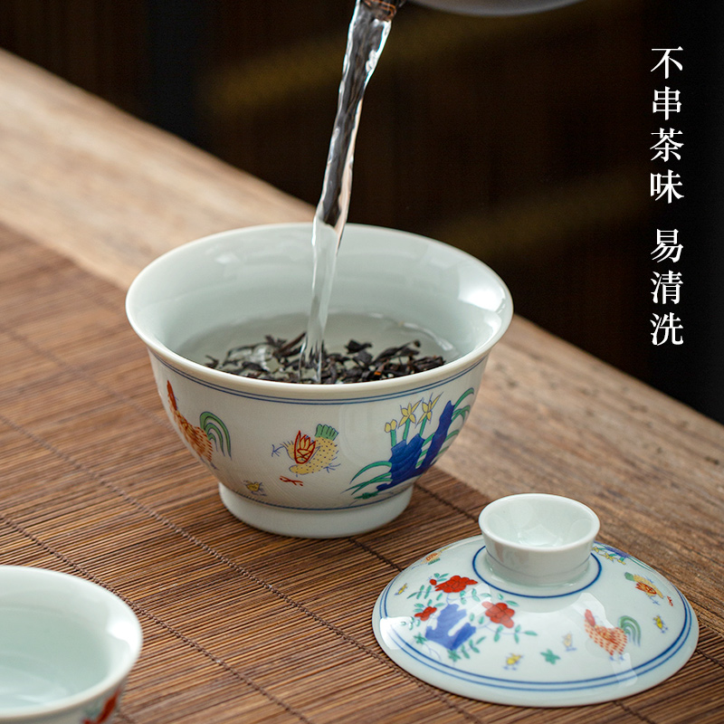 Ming chenghua chicken color bucket cylinder cup tureen antique hand - made jingdezhen kung fu tea set three cups to bowl bowl