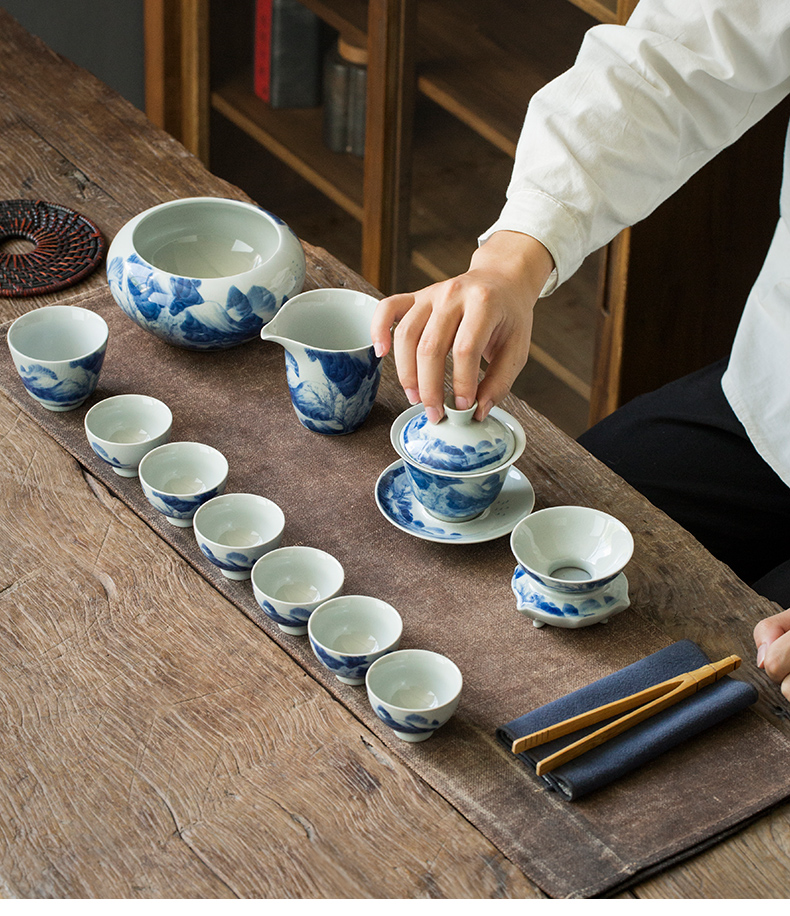 Jingdezhen hand - made porcelain kangxi landscape tureen tea set suits for Chinese zen household kung fu tea set gift boxes