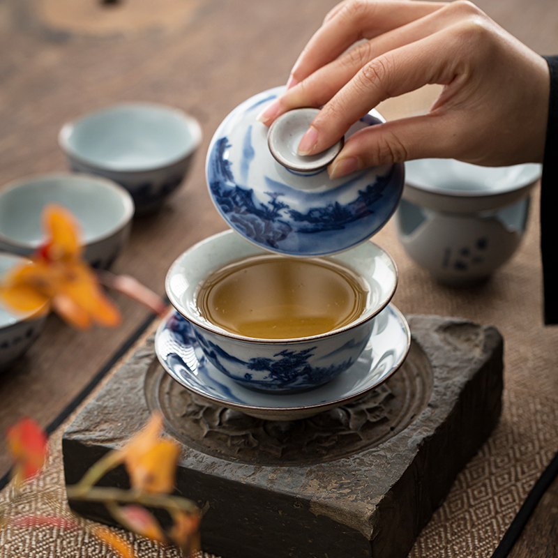 Hand tureen jingdezhen ceramic cups only three bowls of kung fu tea tureen of blue and white porcelain three cups of tea tureen
