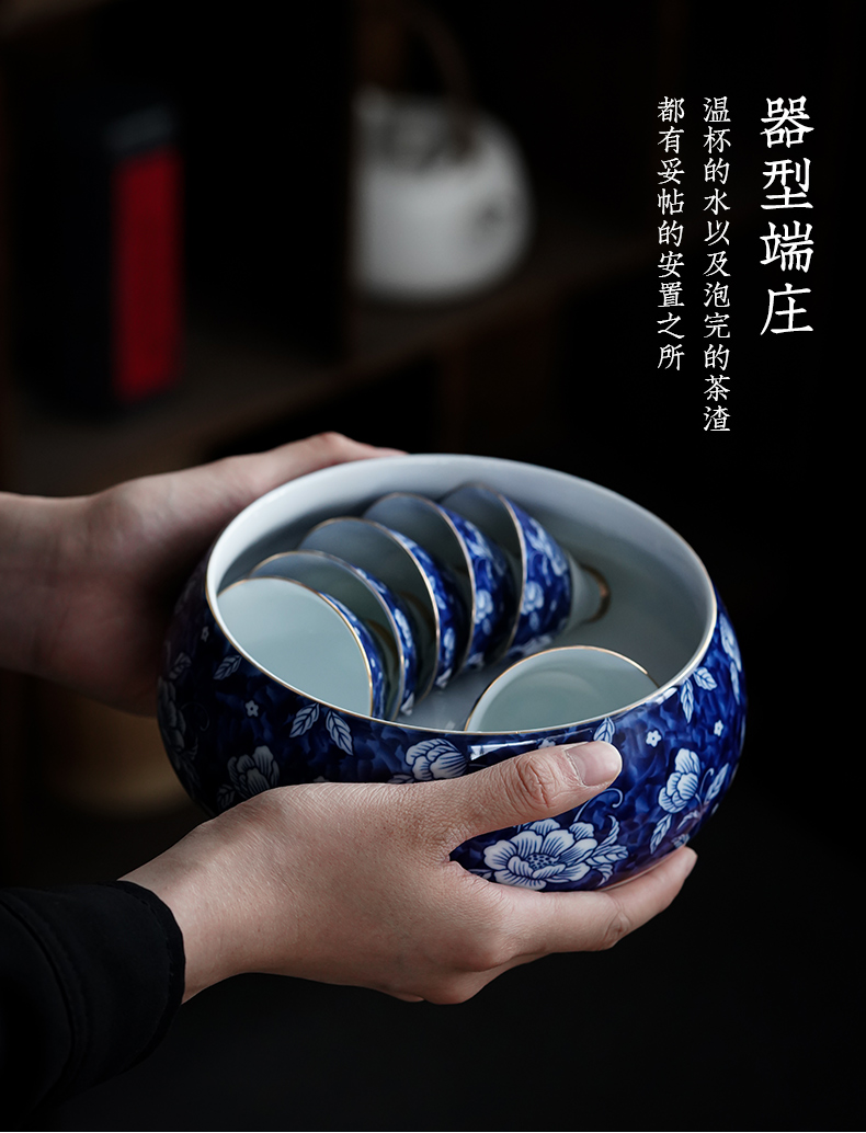 Large washing cylinder hand - made ceramic of blue and white porcelain tea in hot water bucket to build water kung fu tea tea cups to wash water jar