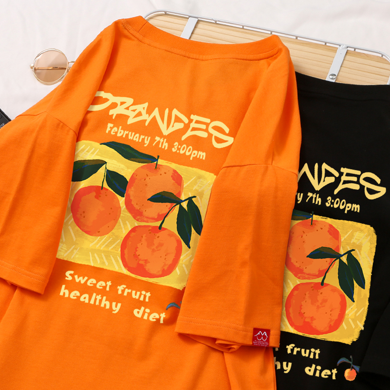 Orange Half-Sleeve Orange T-Shirt for Women, Orange Design, Pure Cotton Top, Summer Couple Outfit, Summer Wear, Loose Short-Sleeve Lkk