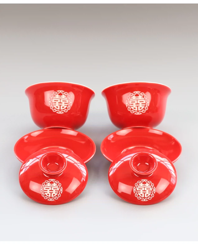 Tour du lịch của tôi Red Wedding Bong Tea Cup Wedding Happy Happy Hạnh phúc gấp đôi Cover Tea Set Khắc Quà cưới - Trà sứ bình pha trà có lõi lọc