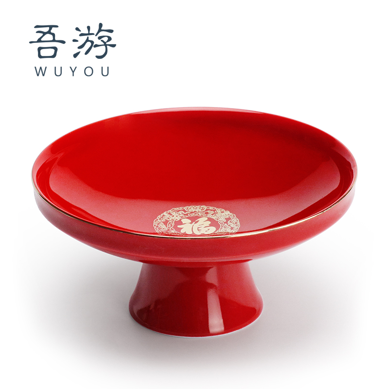 I travel Chinese festive high foot plate ceramic fruit plate dessert wedding candy plate fruit plate refreshment for Buddha basket tribute bowl