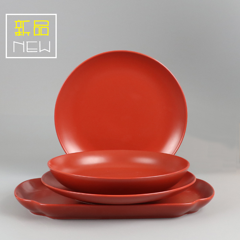 I swam red disc saucer household saucer Festive Red Delight Candy Fruit Pan Round Rectangular Dish Ceramic Cutlery Tray