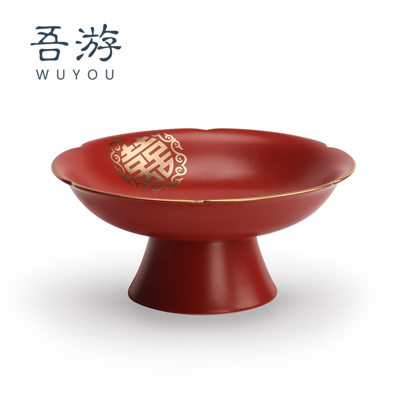 I travel Chinese-style fruit plate ceramic high-footed refreshment plate red snack snack tray basket wedding plate wedding supplies
