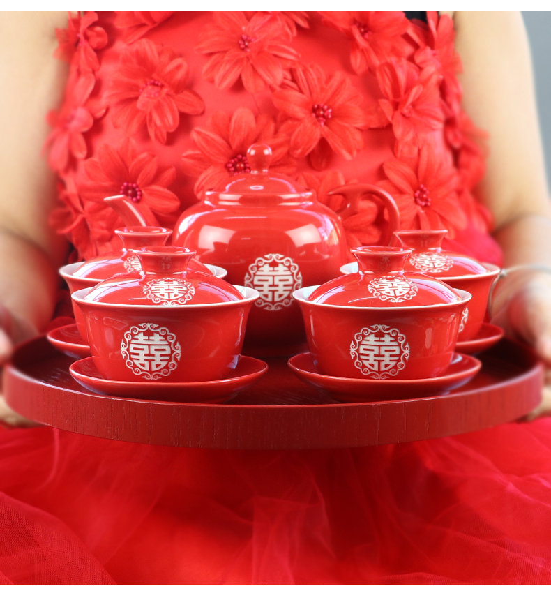 I swam to wedding suit longfeng double happiness festive red tea cups three tureen ceramic Chinese teapot