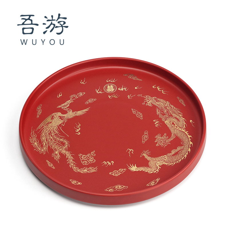 I travel wedding tray candy tray fruit tray tea tray red ceramic dragon and phoenix tray bride toast tea wedding supplies Daquan