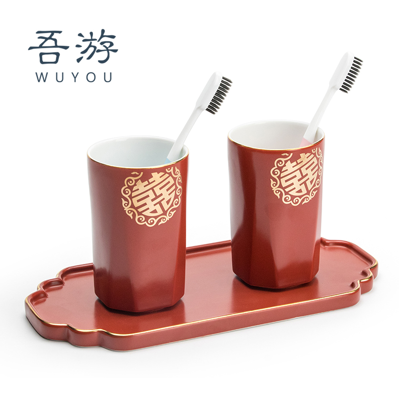 New Wedding Red Wash Cup Wedding Celebration Items Cup Ceramic Gargling Cup Suit Home Lovers' Toothbrushing Cup Pair