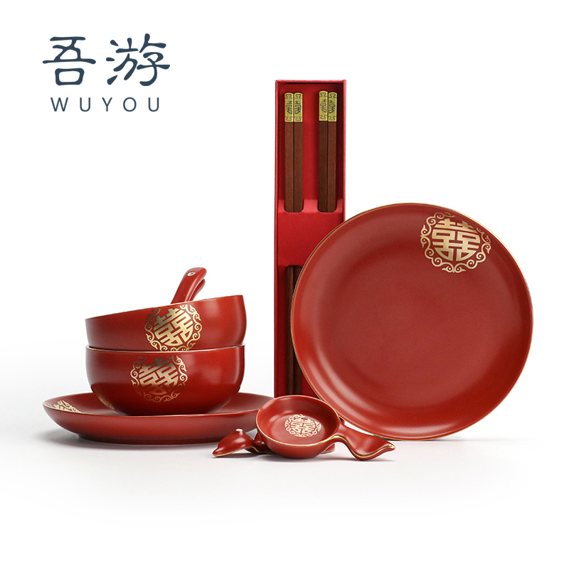 Ceramic Happy Bowl Happy Chopsticks Tray Wedding Gift Giving Newcomer Creative Gift Bestie Luxury Gift Box Fitting Bowls Chopstick Suit