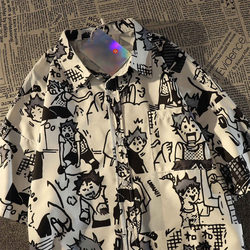 여름 풀 프린트 남성과 여성의 복고풍 홍콩 스타일 루즈 셔츠
