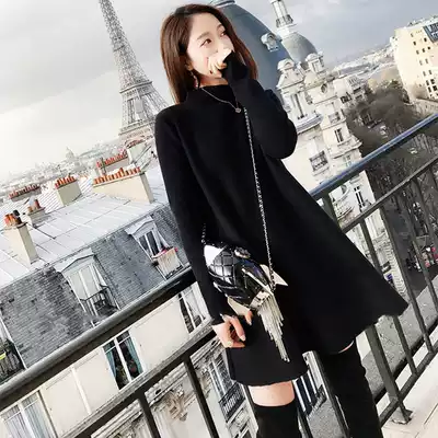 Hepburn small black dress autumn and winter high cold long sleeve knitted dress French retro puff skirt