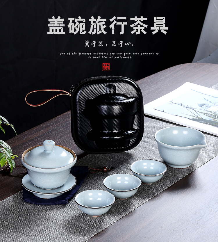 Crack cup against a pot of three cups of hot ceramics glass portable travel kung fu tea set contracted