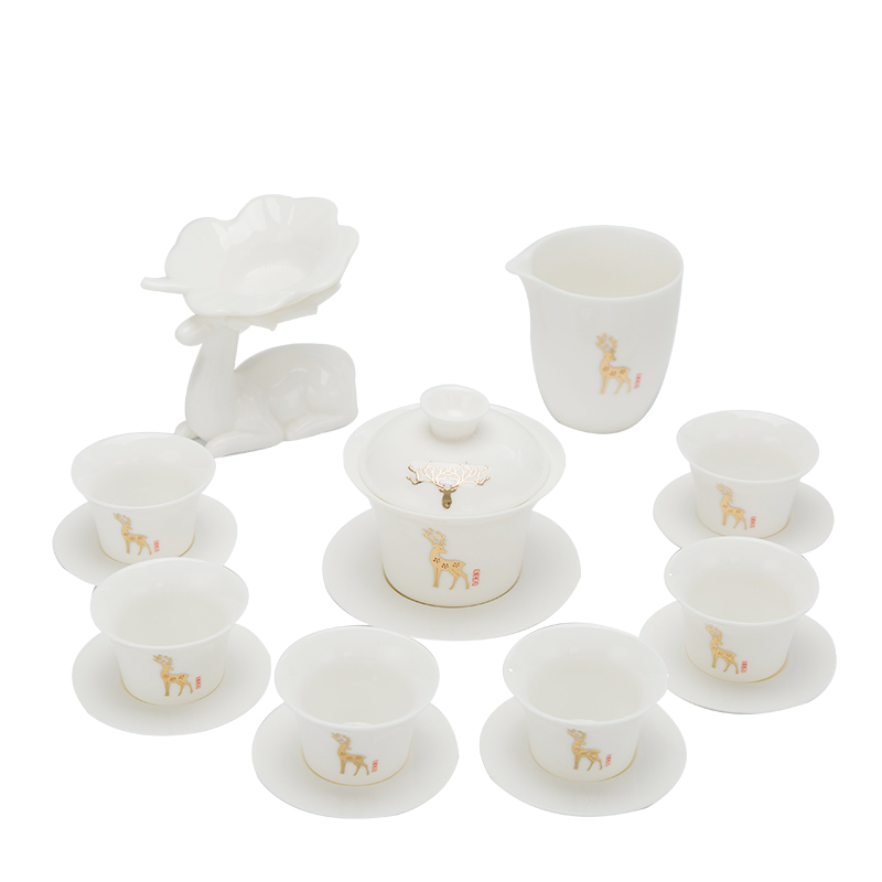 Suet jade porcelain kung fu tea set suit household dehua white porcelain tea set teapot teacup of a complete set of gift box