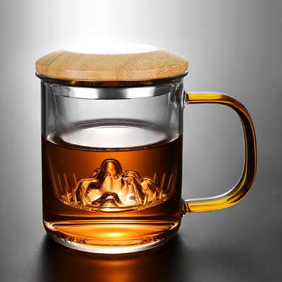 View Mountain Glass cup Home with cover Water glass High temperature resistant filter Flower tea cup Tea Water separation tea cup with handle