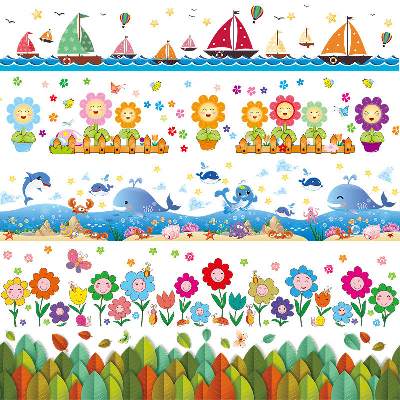 Skirting board cartoon sticker picture self-stained wall angle waterproof living room waist line Kindergarten wall placement of flower and grass animal wall stickup