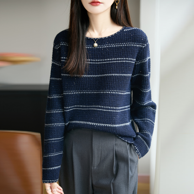 Women's Wool Sweater with Round Neck, Color-Blocking Jacquard, Fashionable Knit Pullover, Slim-Fit, Versatile, Warm, and Suitable as an Inner Layer