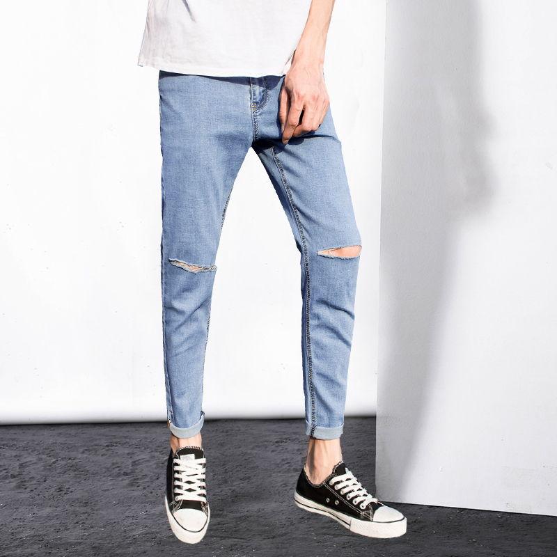 Summer thin light blue jeans men's knee word hole nine-point pants slim Korean version of the trend wild 9 points